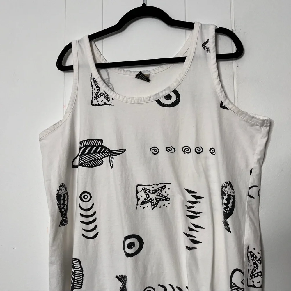 IN Gear Swim Coverup Tank Dress White with Black Fish Print 100% Rayon XL - Picture 3 of 8